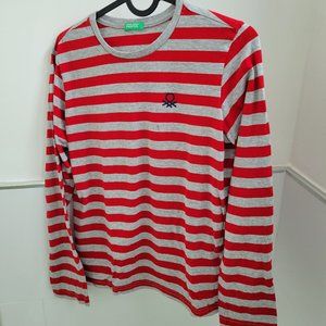 Benetton Boy's Long Sleeve  Striped 100% Cotton T-Shirt  Red and Gray Size 11-12